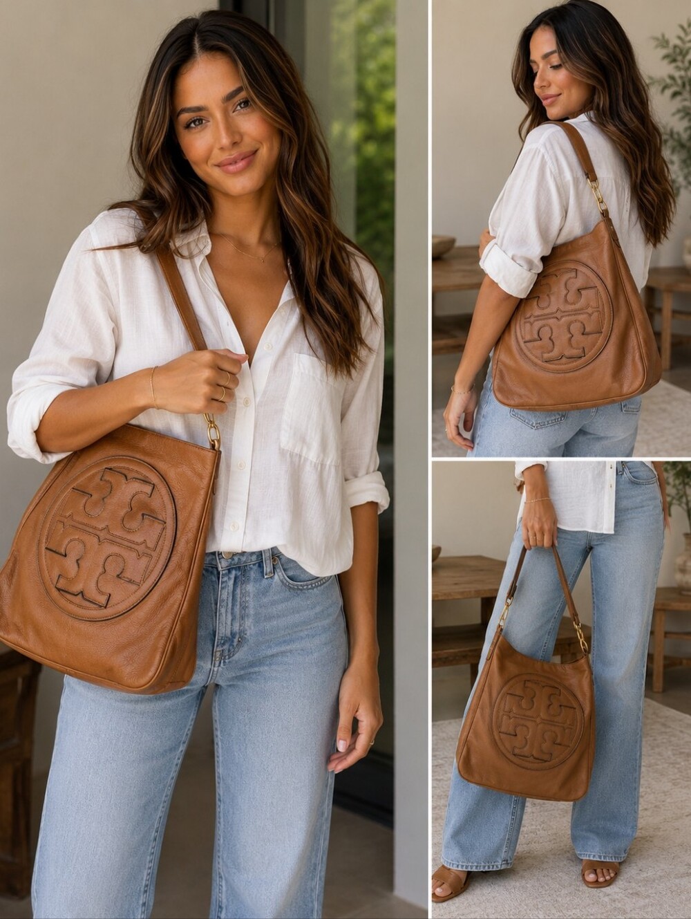 🤎Tory Burch Amanda Tan Brown Leather Logo Shoulder Hobo Bag Large